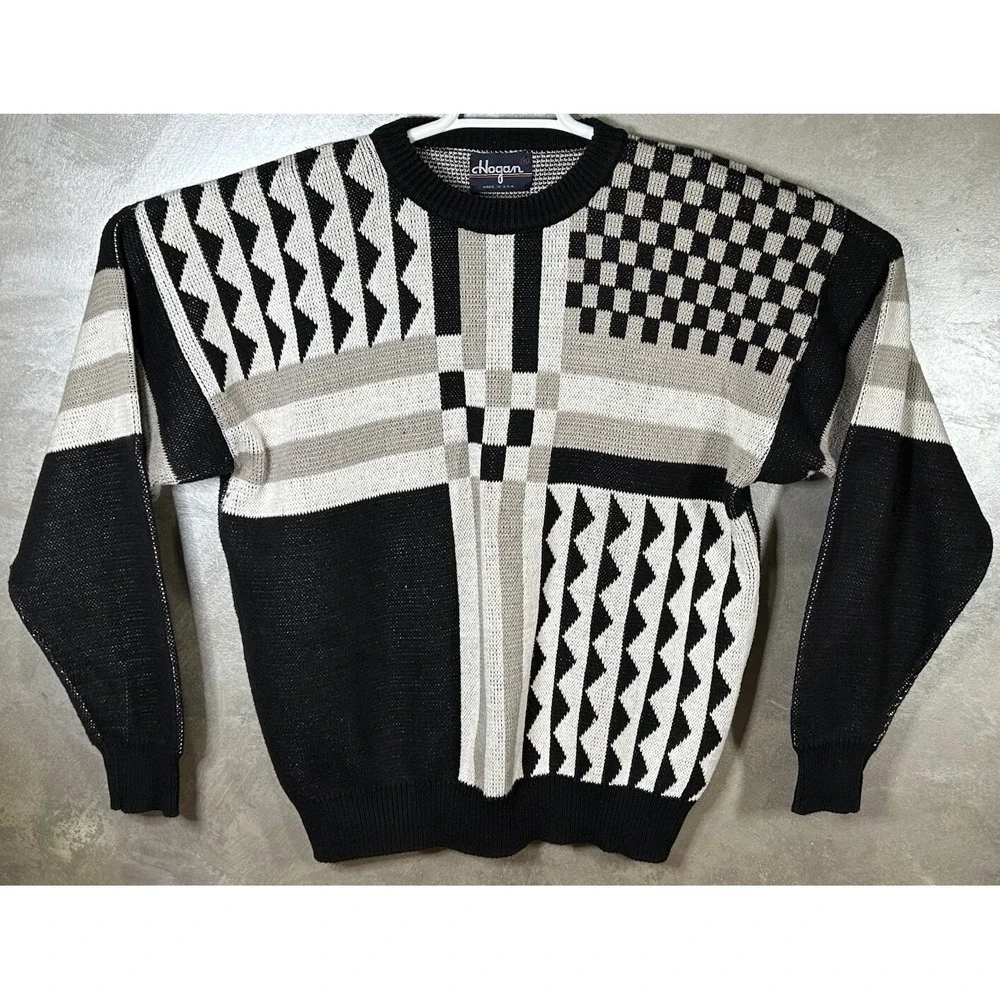 Ben Hogan Sweater‎ Mens Size XL Golf USA Geometric Print Black White Tan Cotton